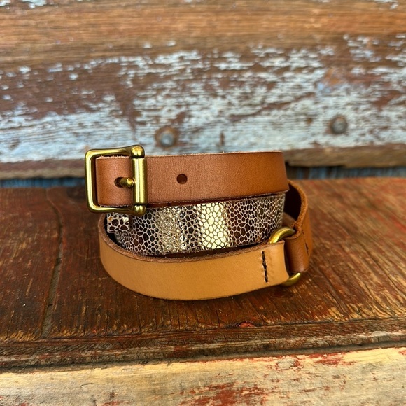 Fossil Brown Gold Leather Belt With Gold Tone Buckles And Rings Sz 36-40 - Picture 1 of 7